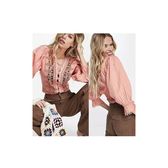 Free People Tops - Free People Louella crop open crochet Balloon Sleeve blouse Boho L New western